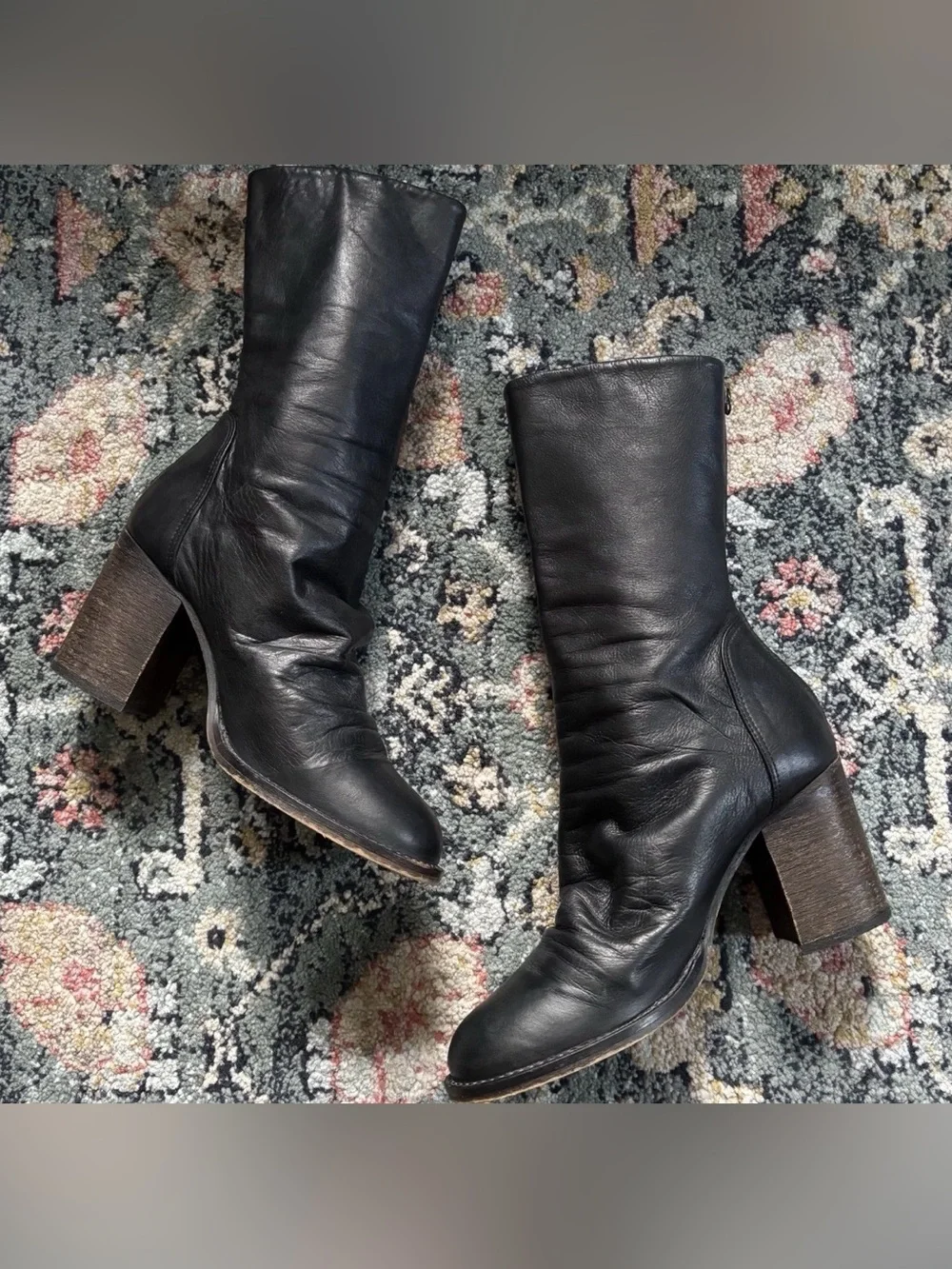 Free People Leather Elle Slouch Block Heel Boots Booties Black SZ 40/US 9-9.5